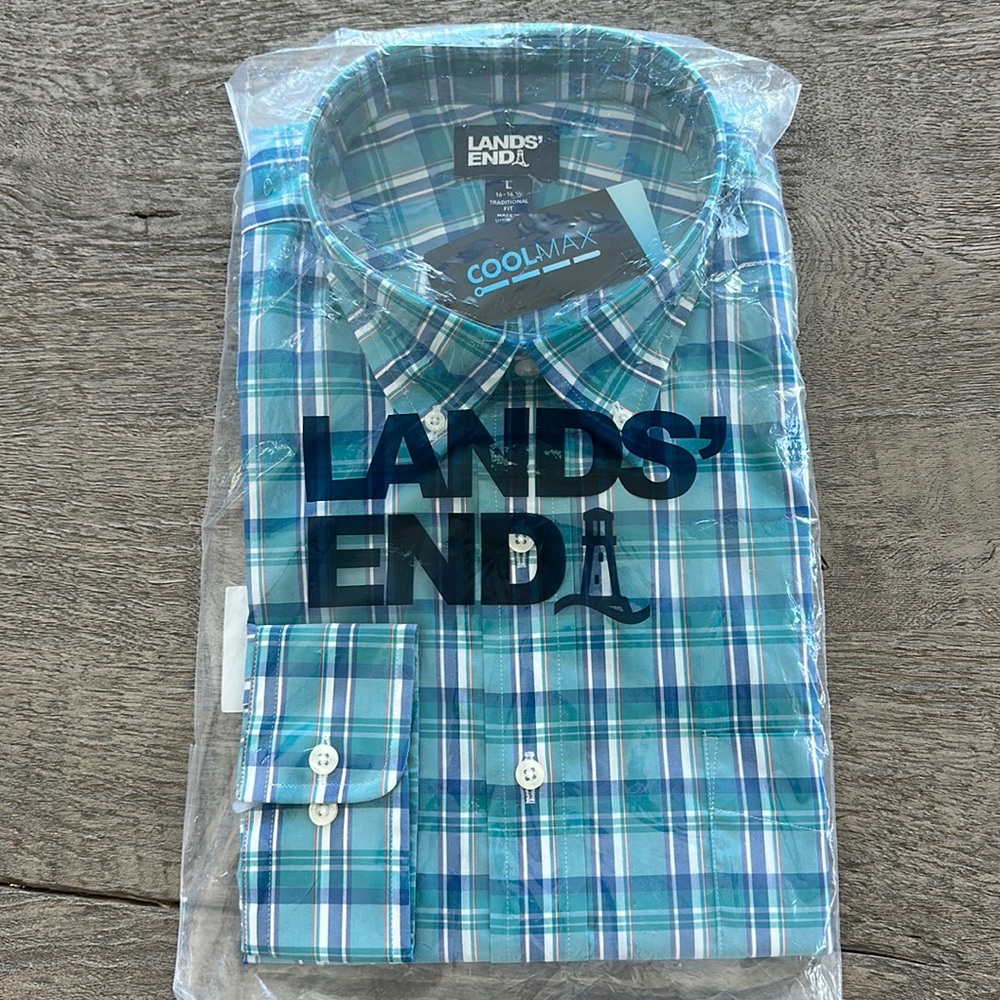 Lands’ End CoolMax Mens long sleeve button down shirt. Blue check. Size L NWT.